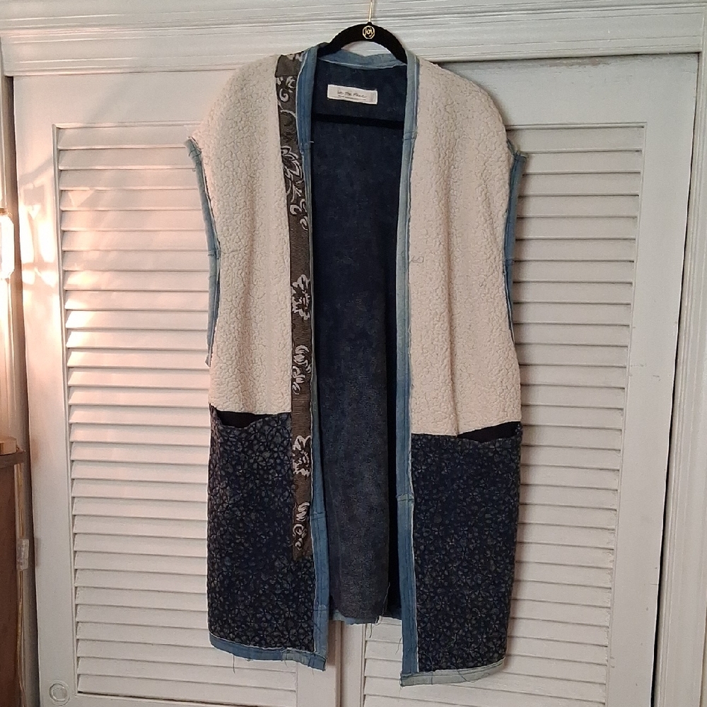 We The Free Cream and Blue Patchwork Sherpa Vest
